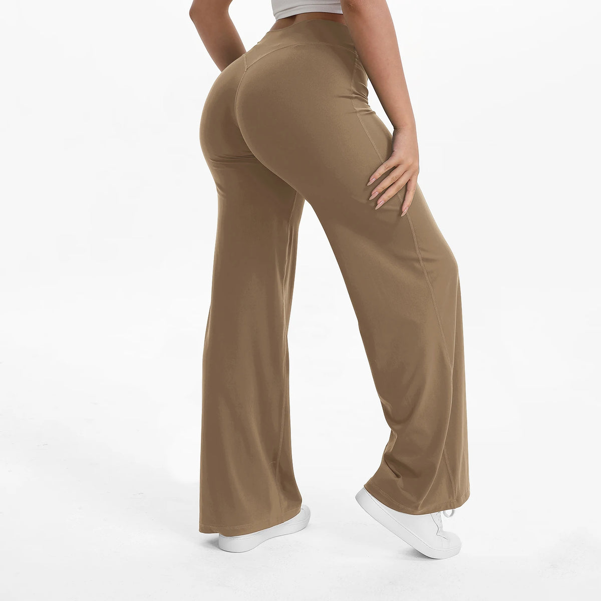 Pantalon yoga jambe droite femme, coloris marron brume