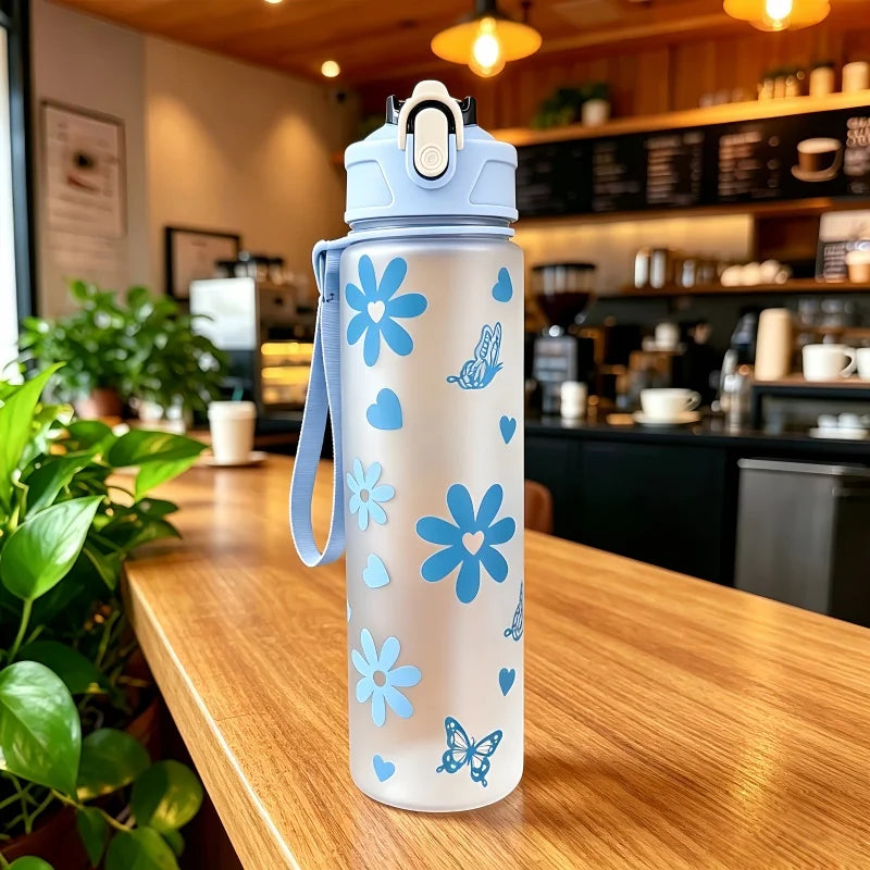 Gourde sport 800ml — grande capacité, marquage horaire & antifuite, coloris bleu givré