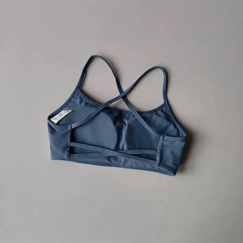 Brassière sport dos croisé anti-choc, coloris bleu & gris