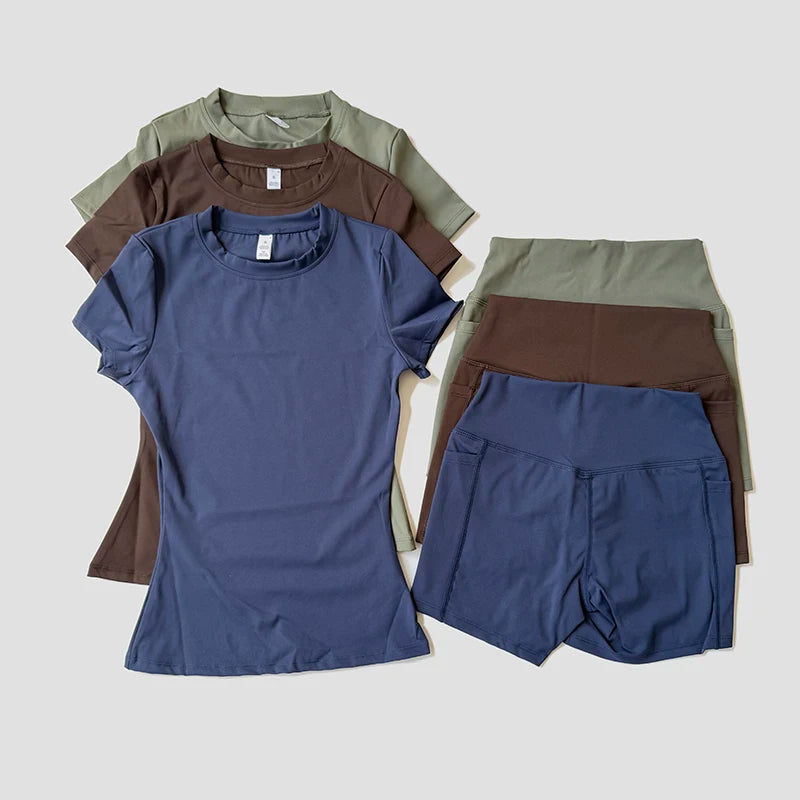 Ensemble Sport Femme T-Shirt Ajusté & Short Taille Haute — 13 Coloris, Yoga, Gym & Fitness