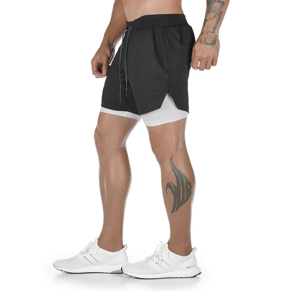 Short running 2-en-1 homme, coloris blanc & noir