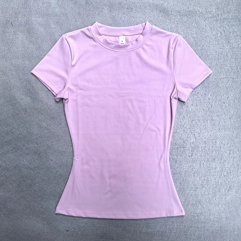 Top yoga femme sans coutures manches courtes, coloris rose