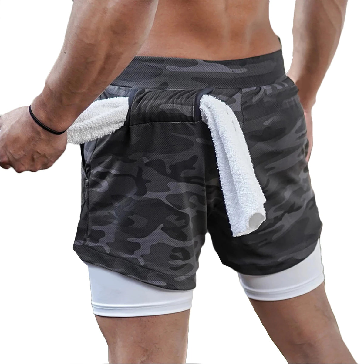Short running 2-en-1 homme, coloris gris camouflage