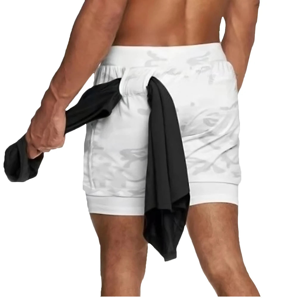 Short running 2-en-1 homme, coloris blanc camouflage