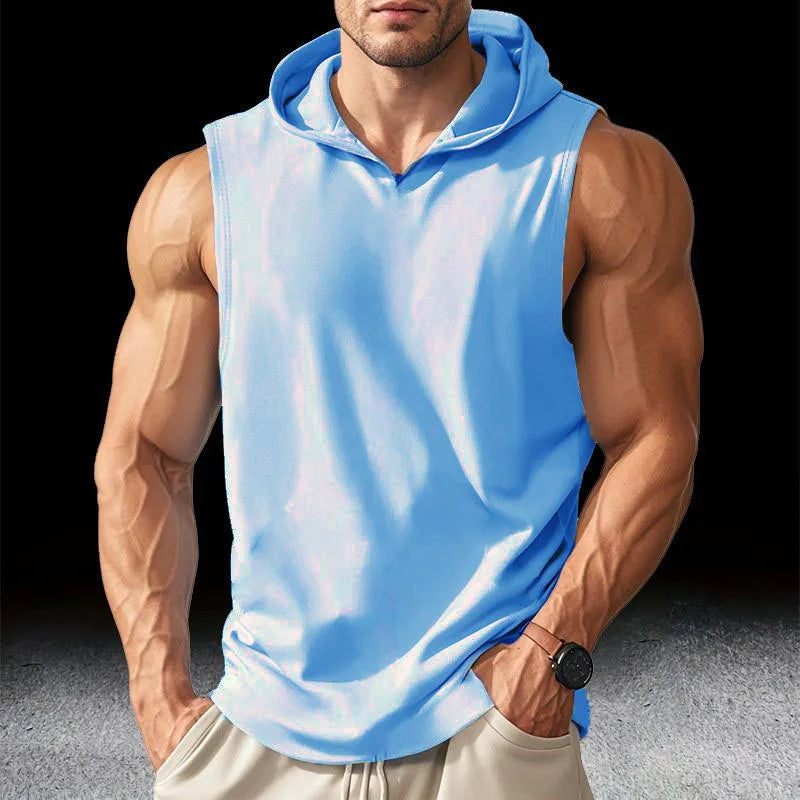 Débardeur running homme à capuche, coloris bleu