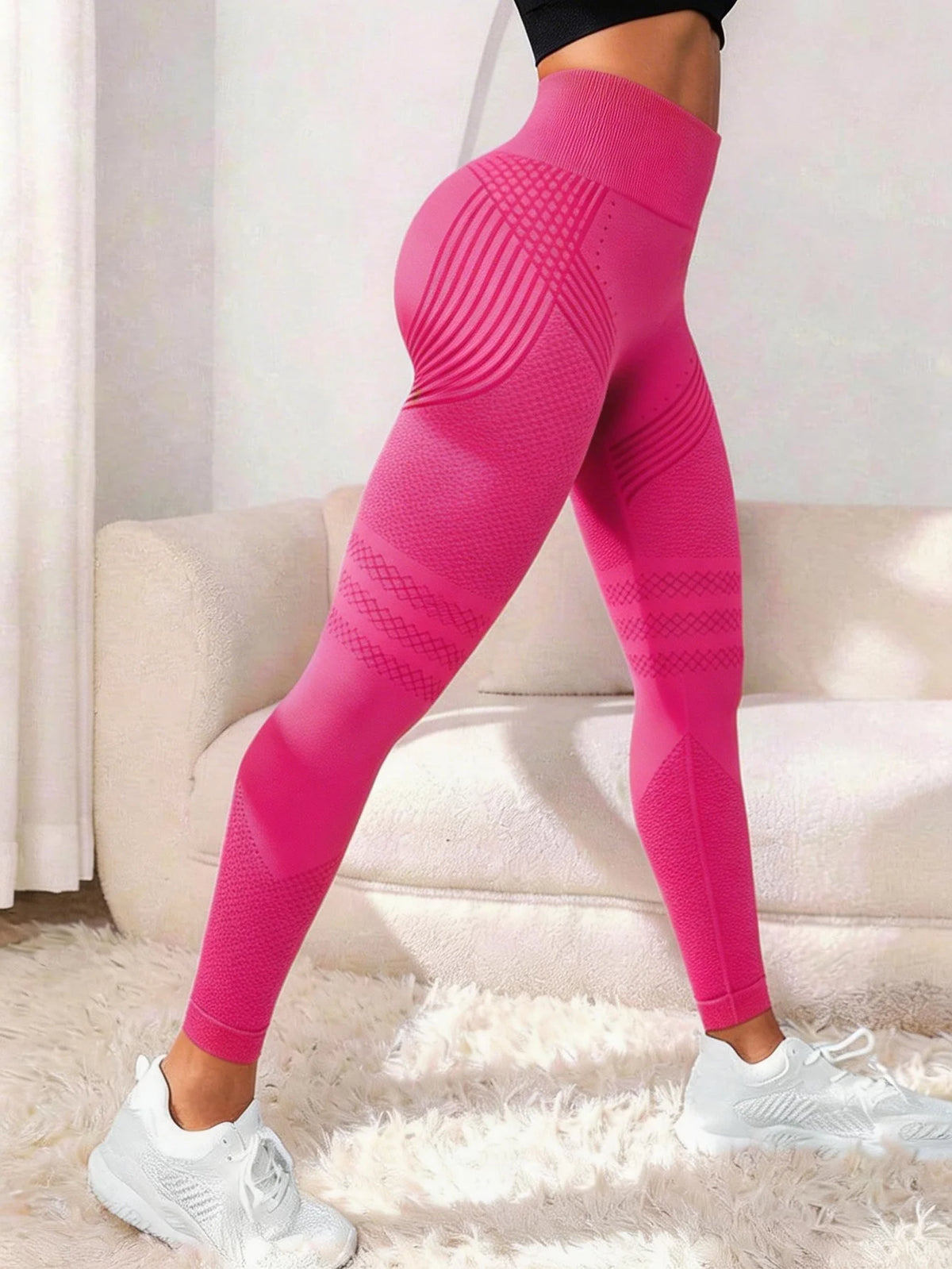 Legging anti-cellulite 3D femme rose fuchsia, taille haute ventre plat