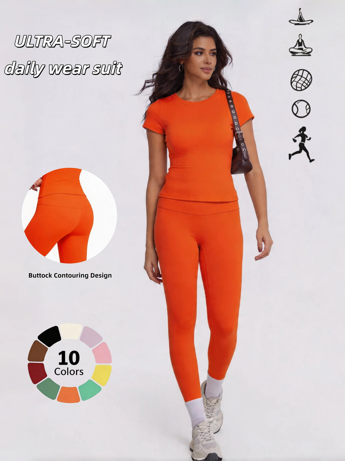 Ensemble Femme T-Shirt & Legging Taille Haute Sans Coutures — 10 Coloris, Yoga & Gym