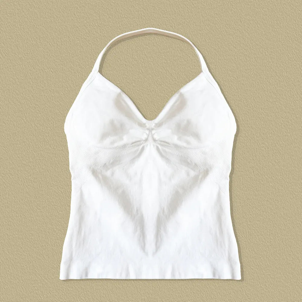 Top sport femme longline dos ouvert bretelles, coloris blanc