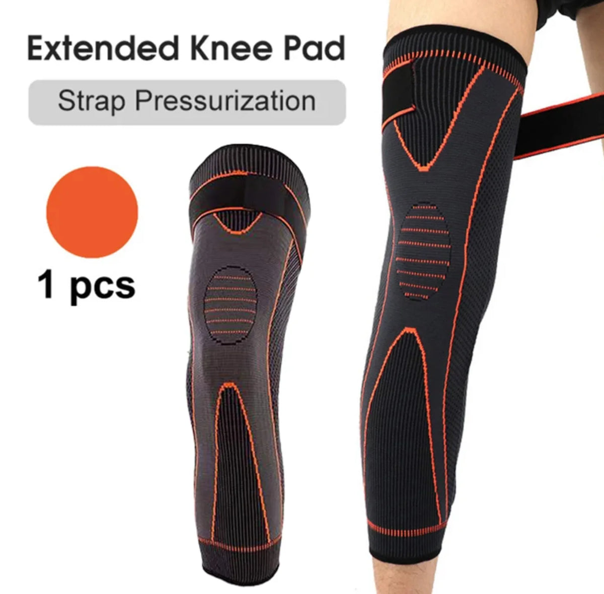 Génouillère compression manchon long, coloris orange – avec bandage