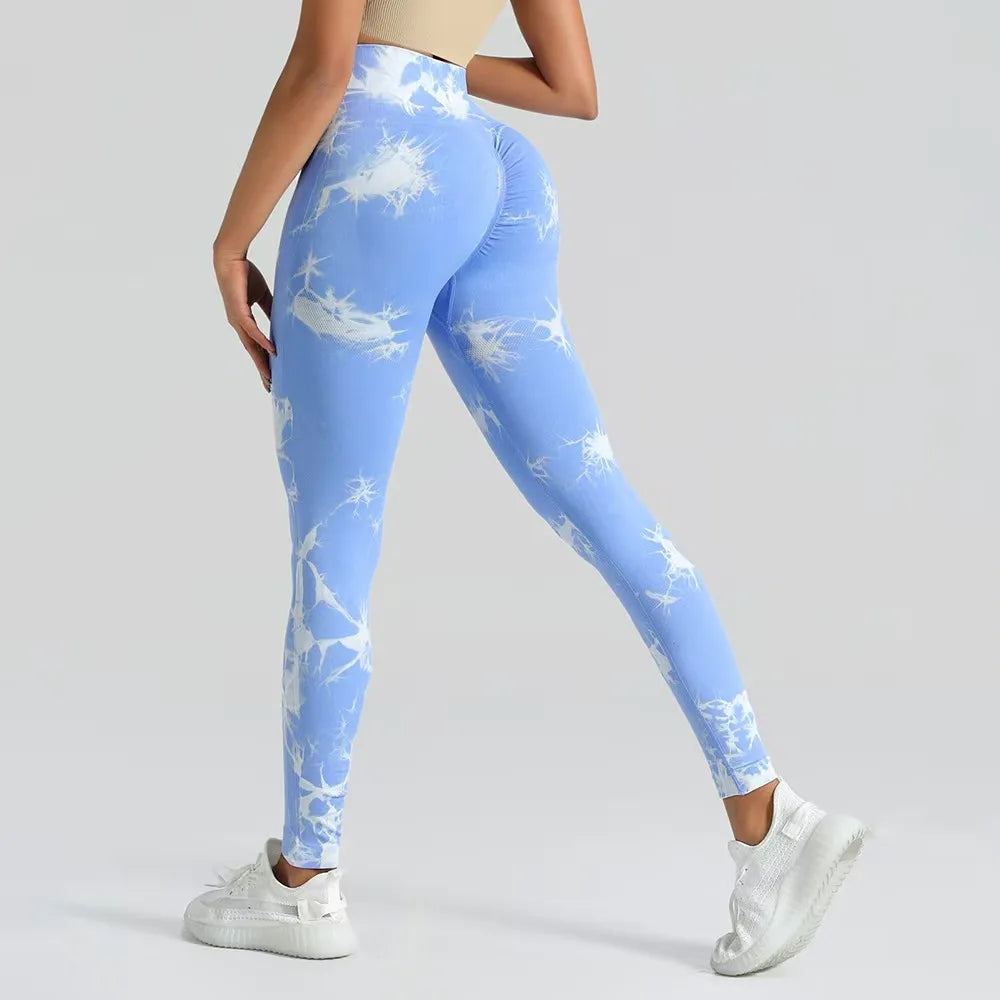 Legging yoga tie-dye taille haute, coloris bleu ciel