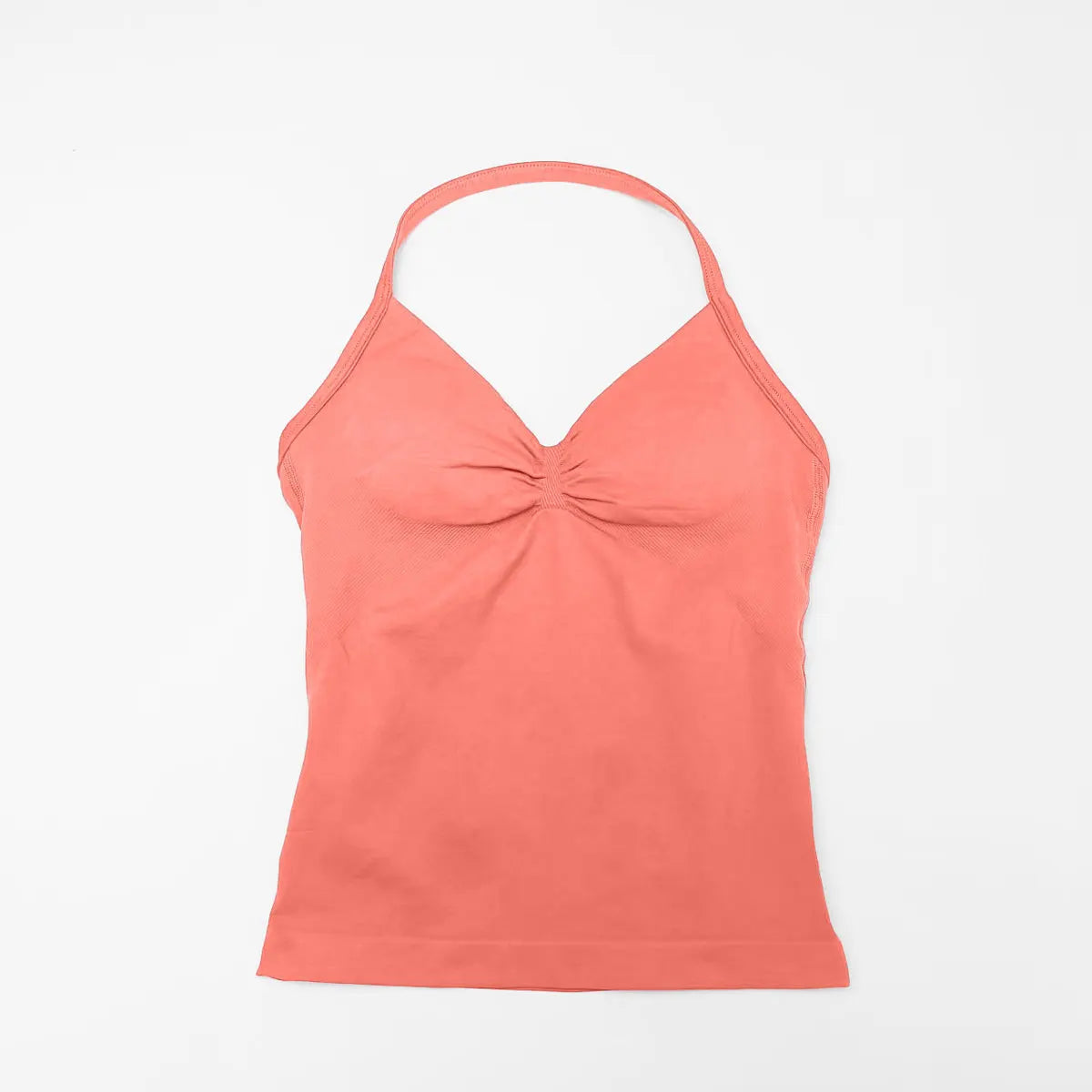 Top sport femme longline dos ouvert bretelles, coloris rose corail