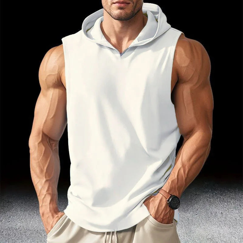 Débardeur running homme à capuche, coloris blanc