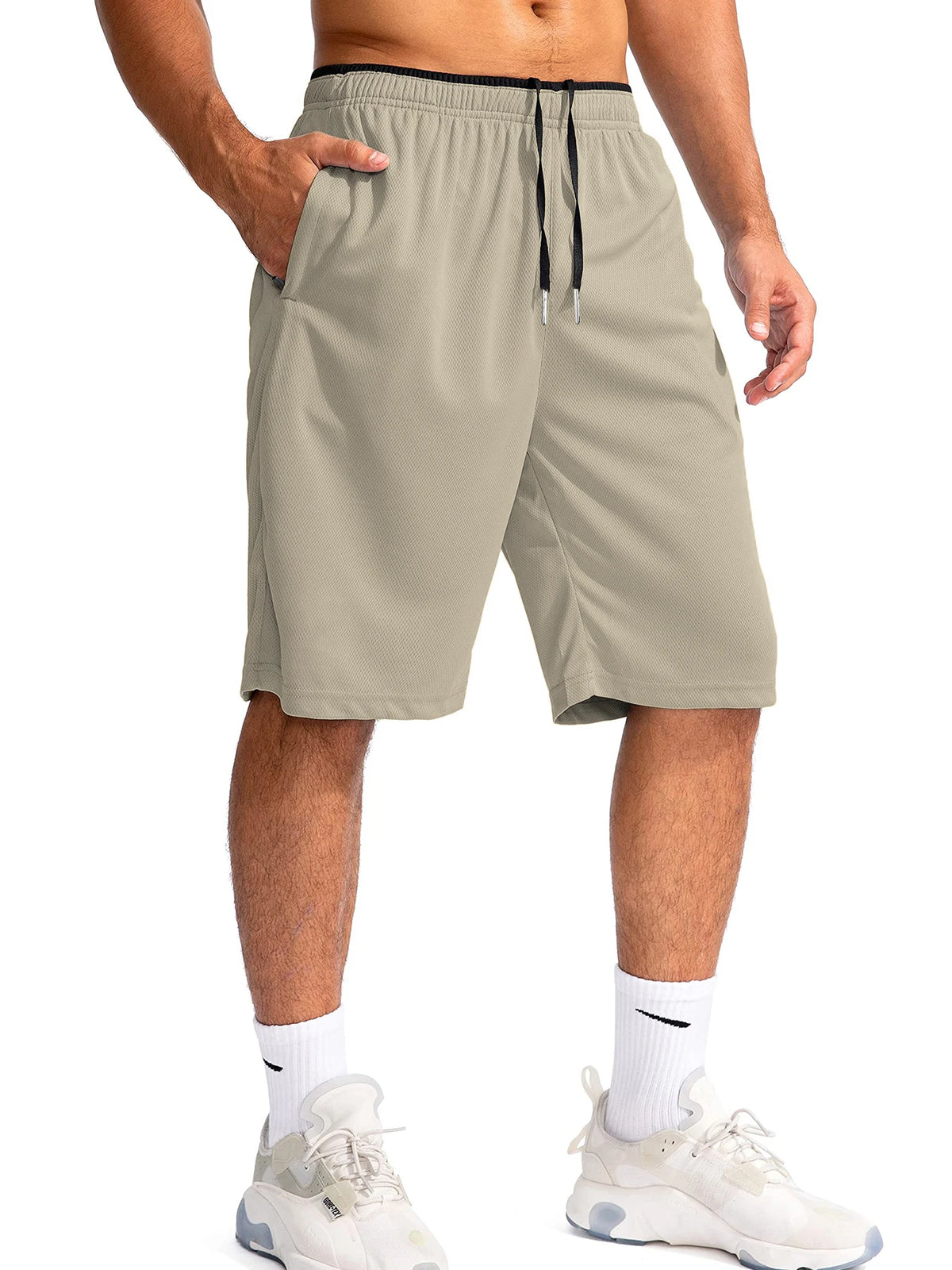Short de sport homme beige, coupe longue