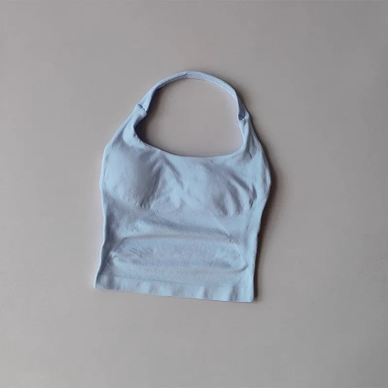 Brassière halter femme dos nu, coloris bleu glacier