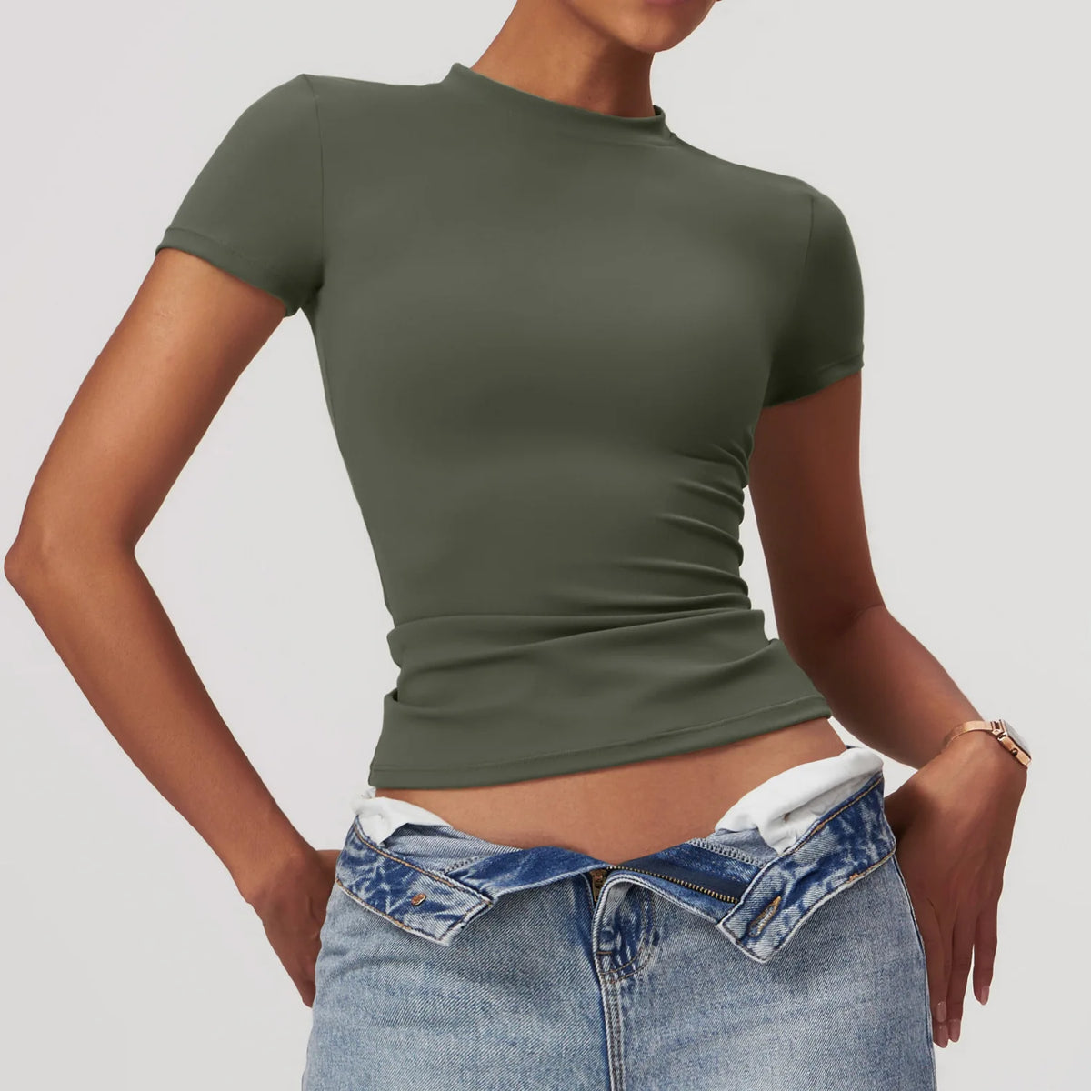 T-shirt sport femme col rond manches courtes, coloris vert forêt