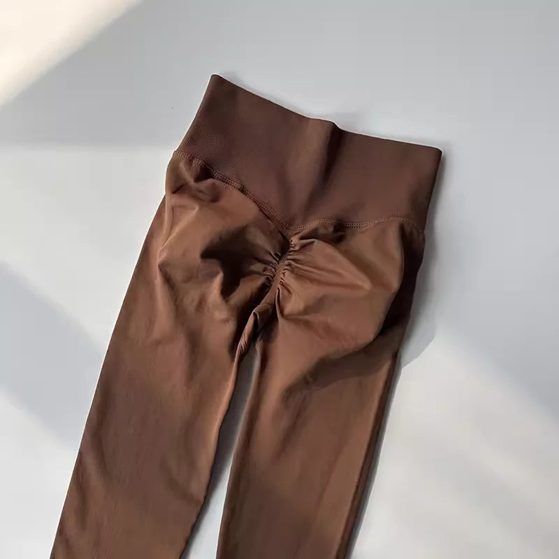 Legging yoga taille haute sans coutures, coloris café