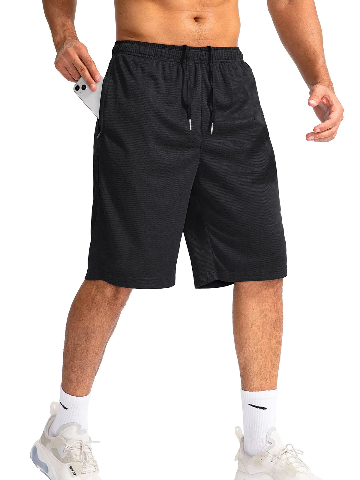 Short de sport homme noir, coupe longue pour le basket et le running