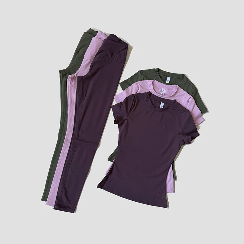 Ensemble Yoga Femme Crop Top Manches Courtes & Legging — 12 Coloris, Gym & Fitness