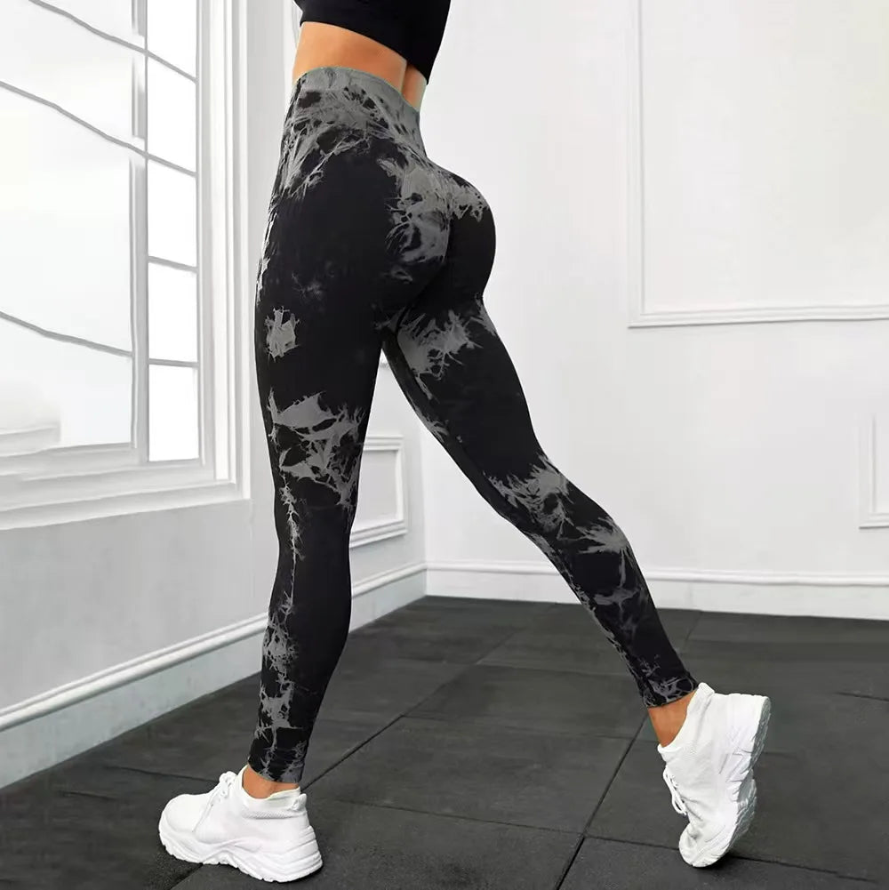 Legging yoga tie-dye taille haute, coloris noir