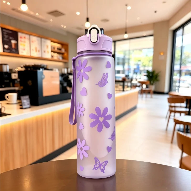 Gourde sport 800ml — grande capacité, marquage horaire & antifuite, coloris violet givré