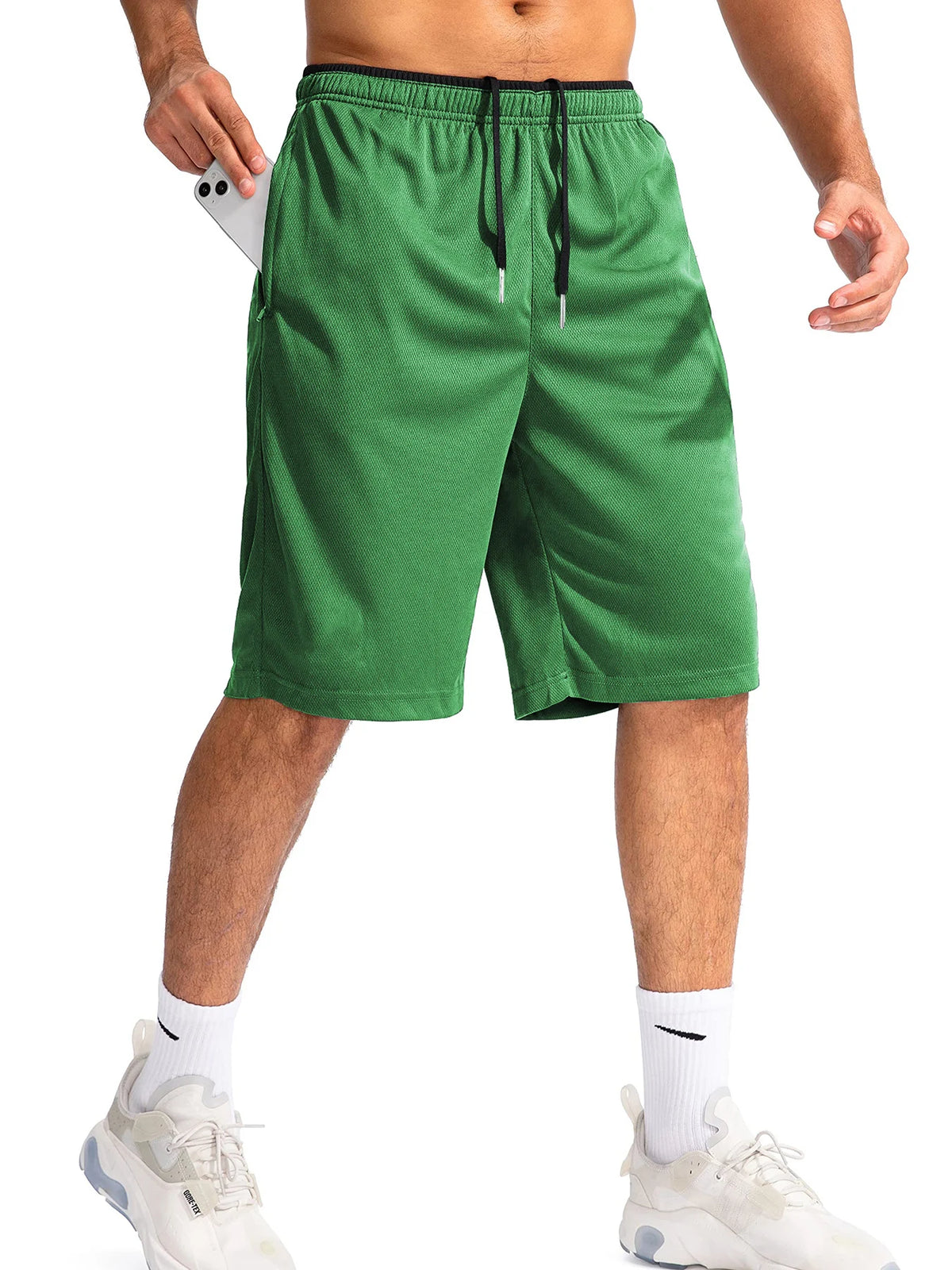 Short de sport homme vert, coupe longue basket