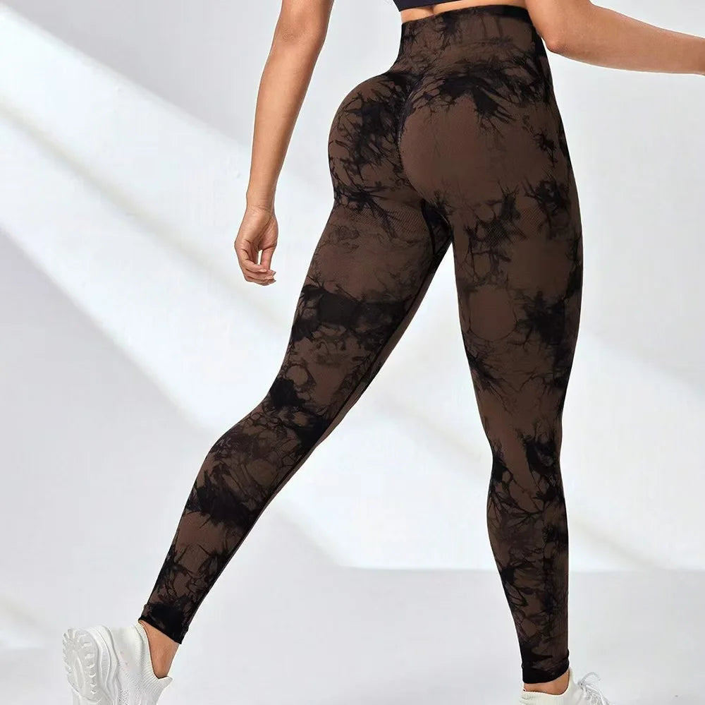 Legging yoga tie-dye taille haute, coloris café