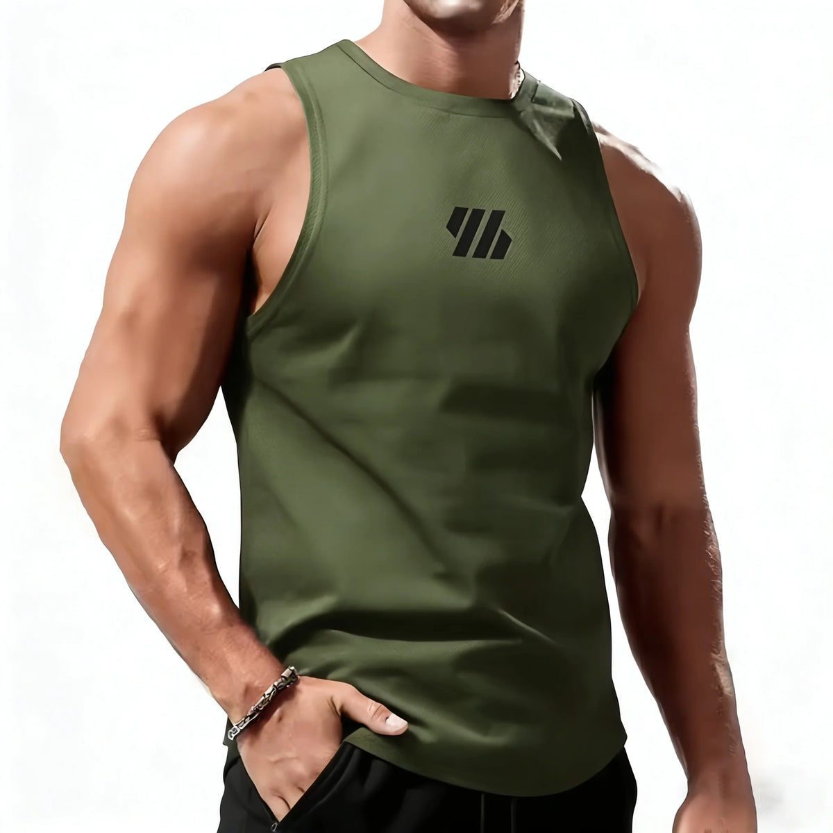 Débardeur sport homme – gym, running & fitness séchage rapide été, coloris vert militaire