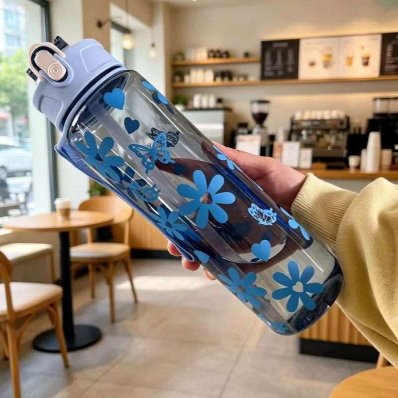 Gourde sport 800ml — grande capacité, marquage horaire & antifuite, coloris transparent bleu
